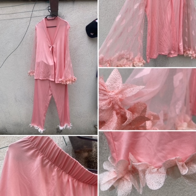 Ensemble veste kimono et pantalon taille élastique rose pale